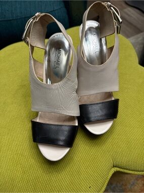 MICHAEL Michael Kors Two-Tone Black and Beige Leather Heel Sandals